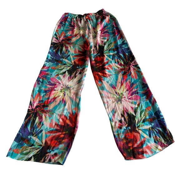 Aum Couture Bold Colorful Resort Pixel Floral Pull On Silky Wide Leg Pants M - Picture 2 of 7